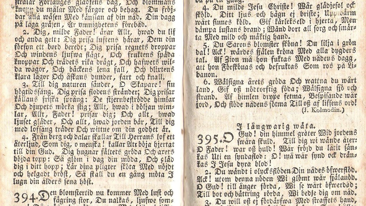 Uppslag ur 1819 års psalmbok, psalmen Den blomstertid nu kommer.